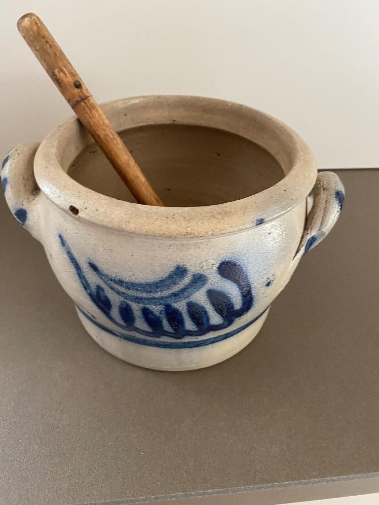 Oude boterpot met houten lepel, Antiek en Kunst, Ophalen of Verzenden
