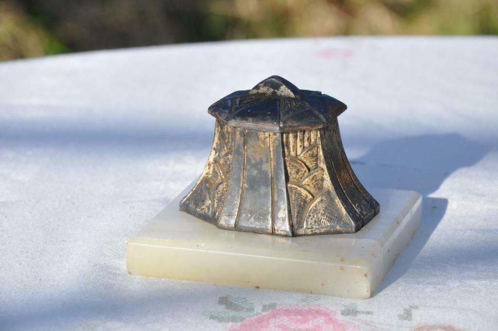 encrier de bureau art nouveau marbre blanc et regule, Enlèvement ou Envoi