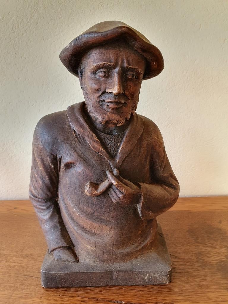 Ancien buste sculpté représentant un paysan, Ophalen of Verzenden