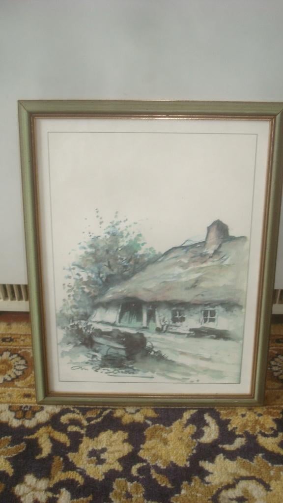 kadertje met print huisje, onleesbaar getekend, Antiek en Kunst, Kunst | Litho's en Zeefdrukken, Ophalen of Verzenden