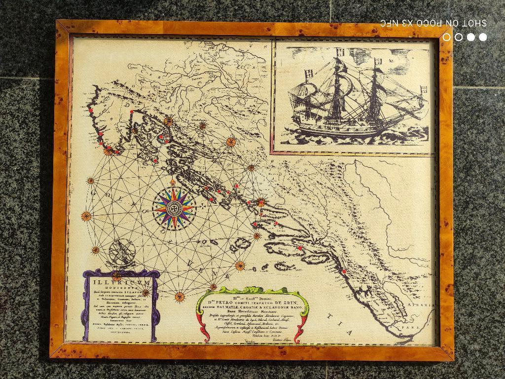 zeekaart ingekaderd, Ophalen of Verzenden, Zo goed als nieuw, Zeilboot, Kaart, Foto of Prent