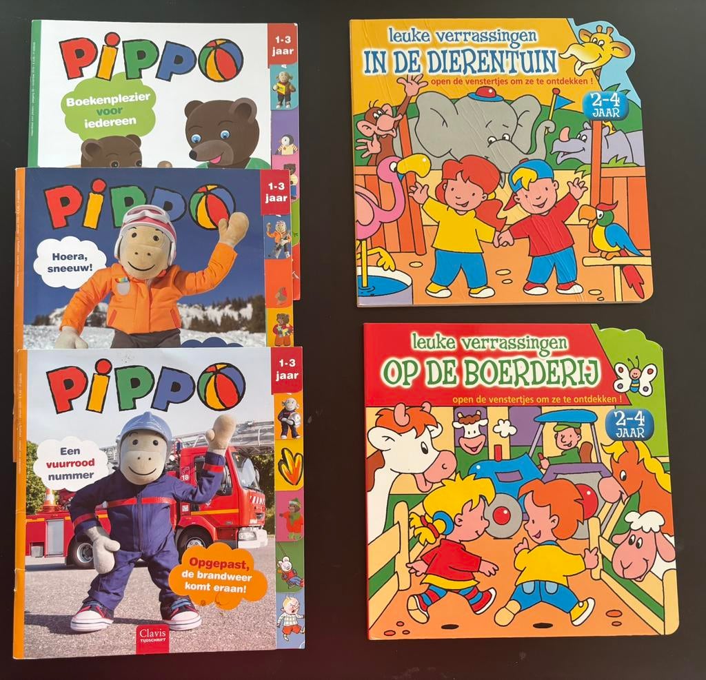 5  kinderboeken: 3x pippo, 2 kartonnen boekjes, Boeken, Ophalen, Zo goed als nieuw