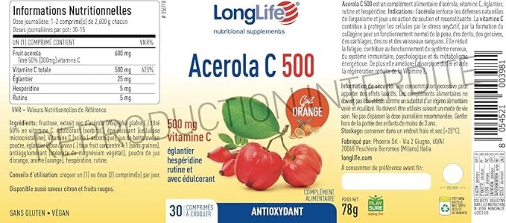 LongLife Acerola C 500 GRATIS LEVERING, Sport en Fitness, Gezondheidsproducten en Wellness, Verzenden, Nieuw, Overige typen