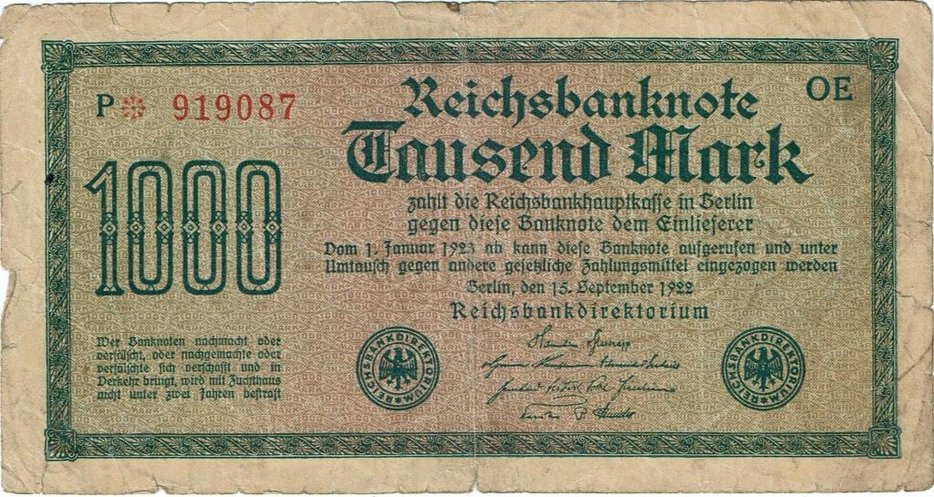 Bankbiljet Duitsland 1000 Mark 1922, Postzegels en Munten, Verzenden, Duitsland, Los biljet