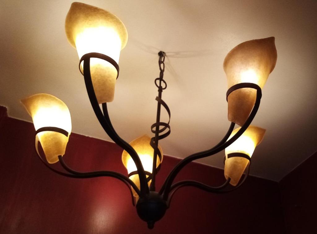 Vintage kroonluchter 5 takken, matglas, +Led, perfect € 95, Ophalen, Zo goed als nieuw, Glas, Vintage