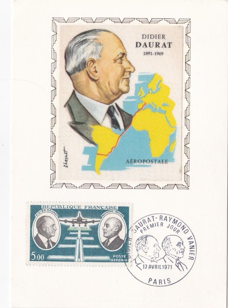 Timbre et carte FDC-1er Jour-Didier DAURAT - 1971 - sur soie, Enlèvement ou Envoi, Affranchi