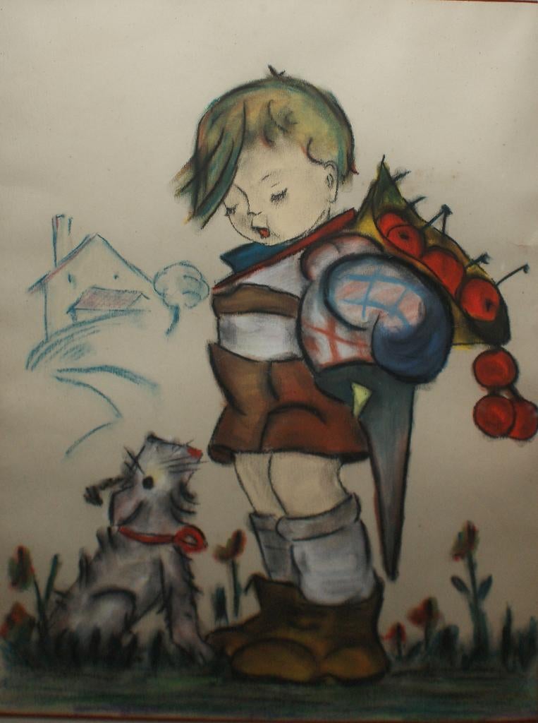 Naar Hümmel: Jongen met hond 1965 (49 x 63 cm), Antiek en Kunst, Ophalen of Verzenden