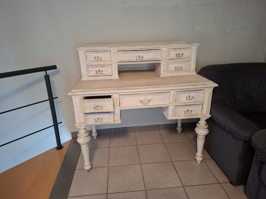 Landelijk wit brocante bureau met opzetstuk - schrijftafel, Ophalen, Opzetstuk, Gebruikt, Wit