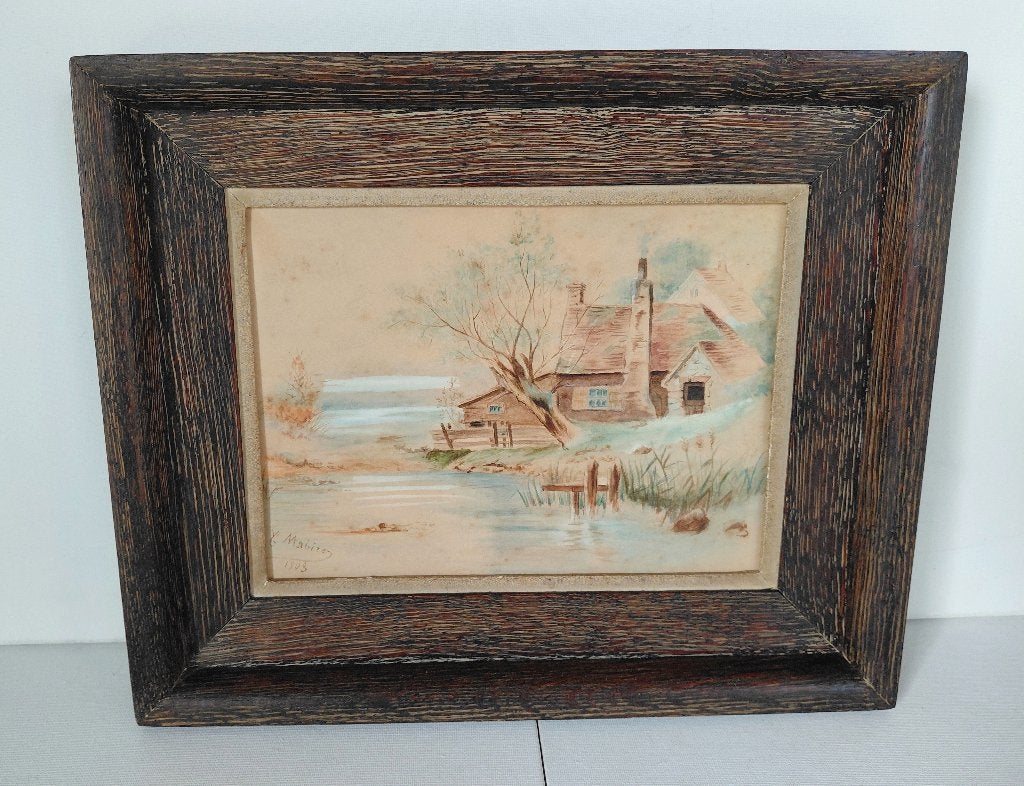 Peinture antique Y. Mabire, 1903, Paysage dans un beau cadre, Daté, Enlèvement ou Envoi, Aquarelle, Paysage