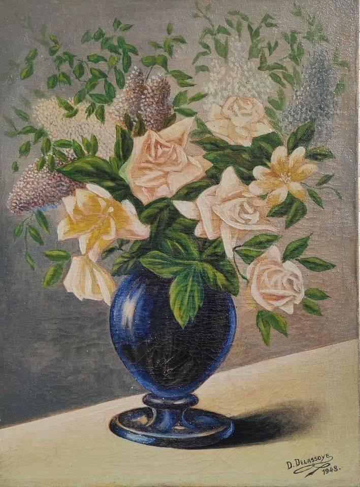 Huile sur toile fleurs signe d delassoye 1948, Ophalen of Verzenden