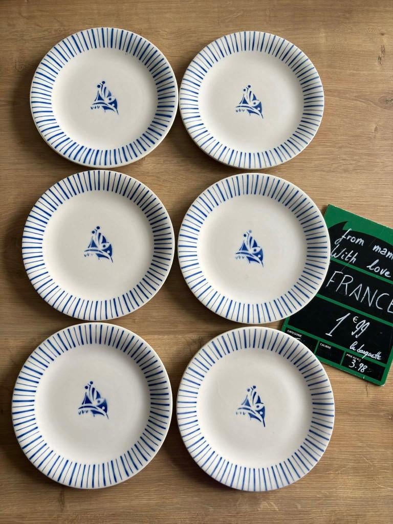 6 assiettes a dessert vintage boch modèle riviera bleu, Keramiek, Ophalen of Verzenden, Zo goed als nieuw, Bord(en)