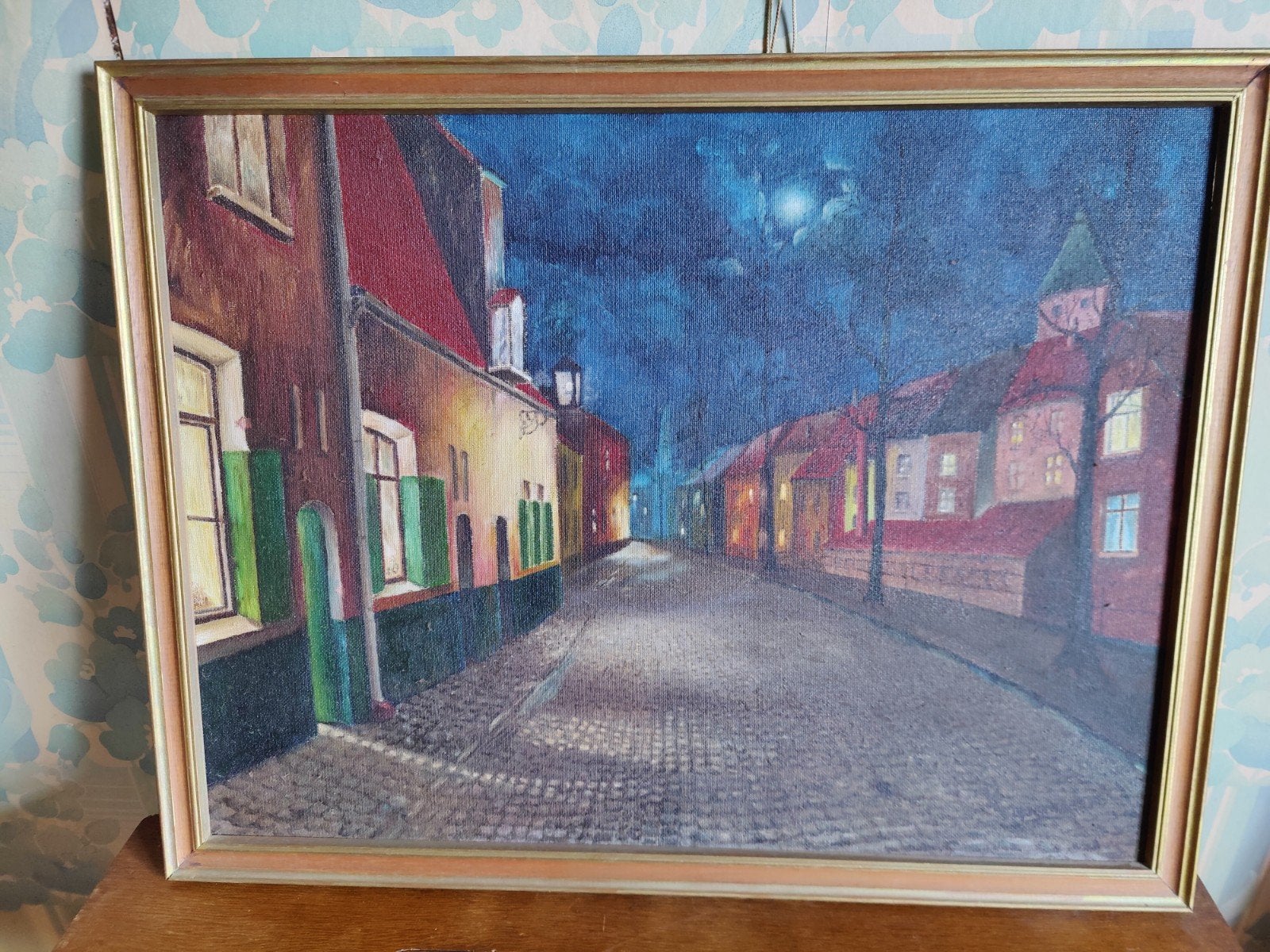 tableau rue de nuit, Antiquités & Art, Peinture acrylique, Signé, Enlèvement, Paysage urbain / rural