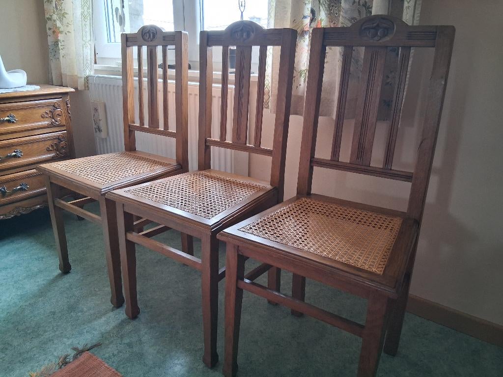 Lot de 3 chaises cannelées en chêne, Maison & Meubles, Trois, Comme neuf, Brun, Enlèvement