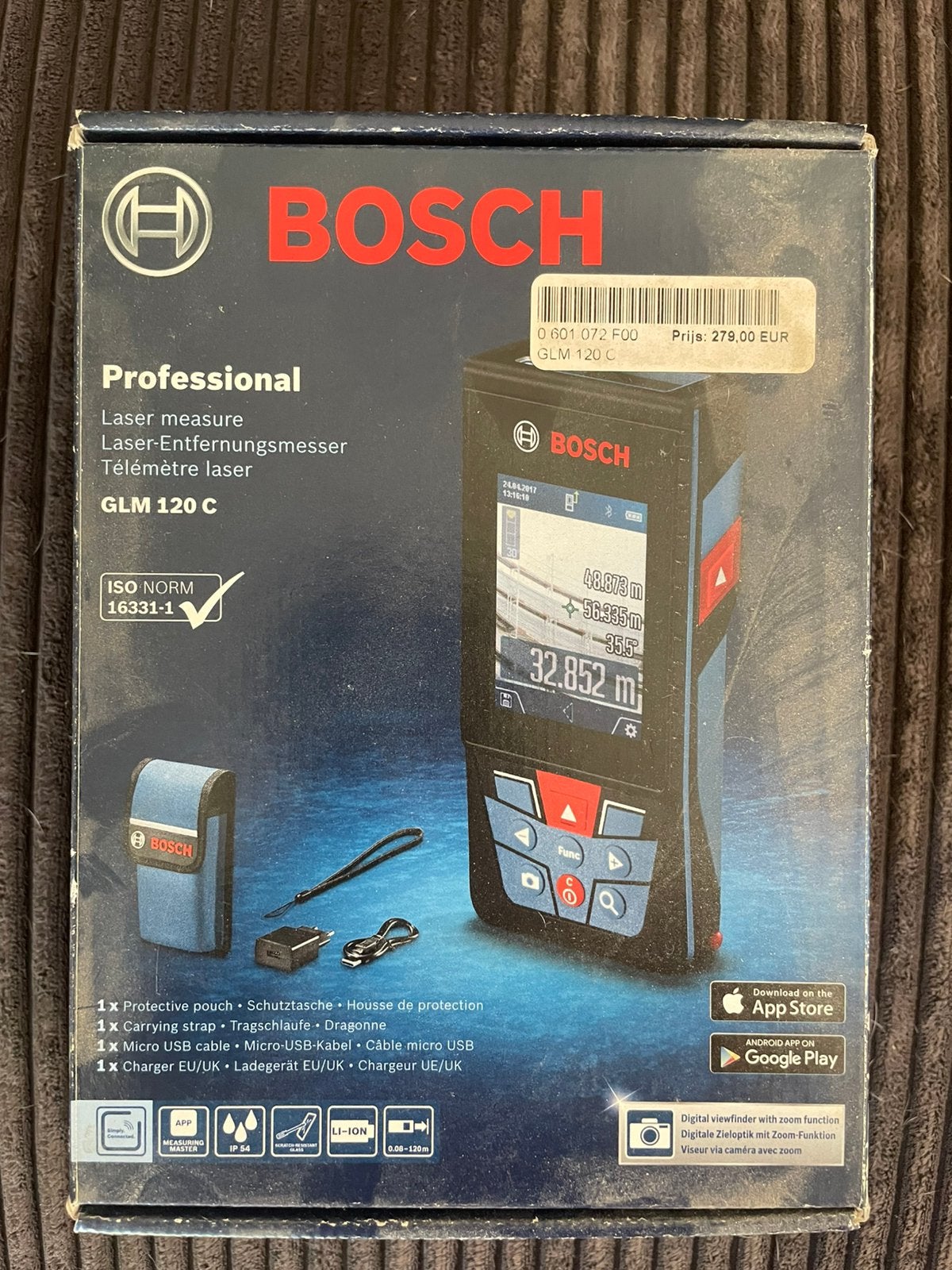 Bosch GLM 120 C laserafstandsmeter 120m compleet, Doe-het-zelf en Bouw, Ophalen of Verzenden, Zo goed als nieuw