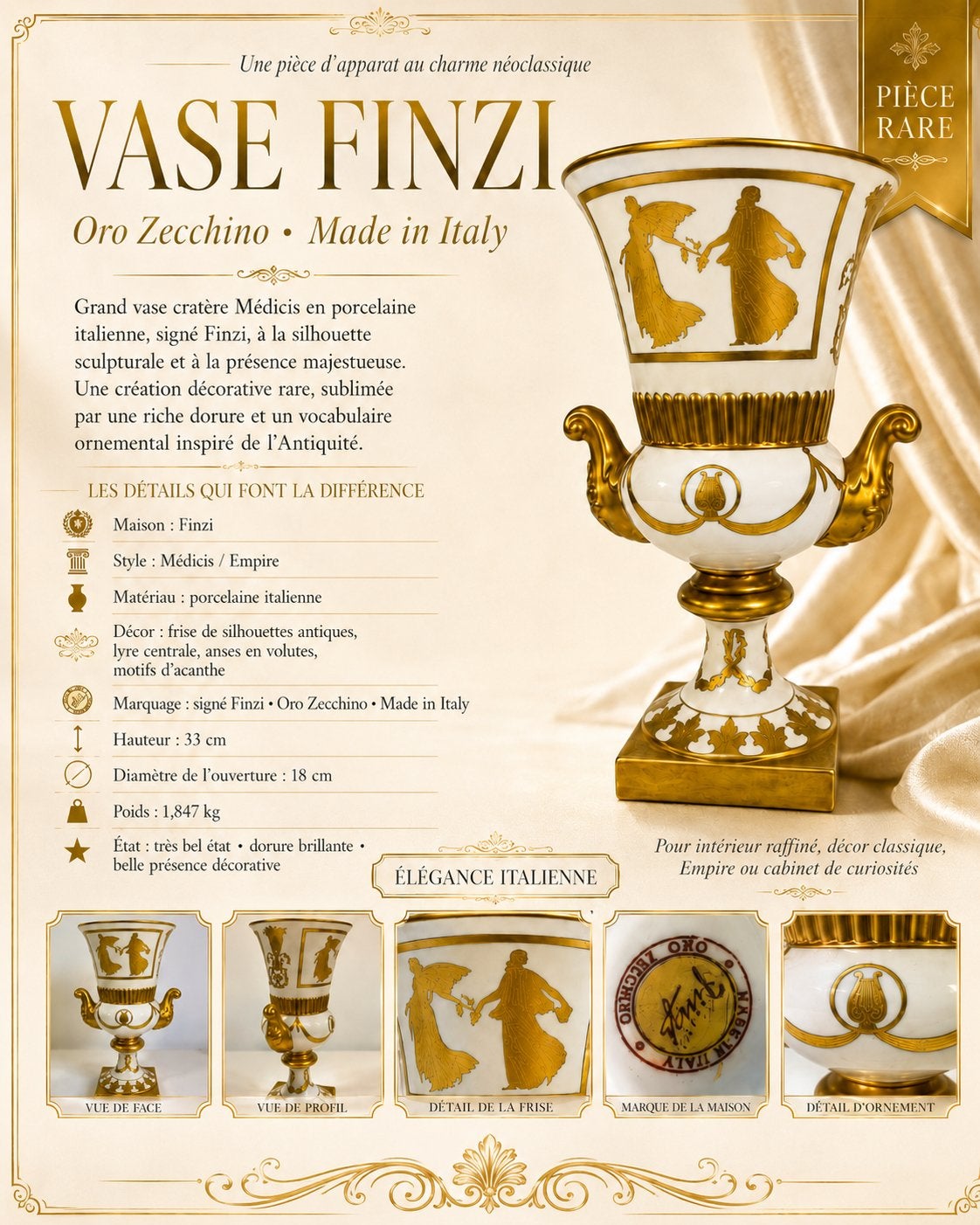 Vase Finzi Oro Zecchino – Porcelaine IT Médicis Empire dorée, Enlèvement ou Envoi