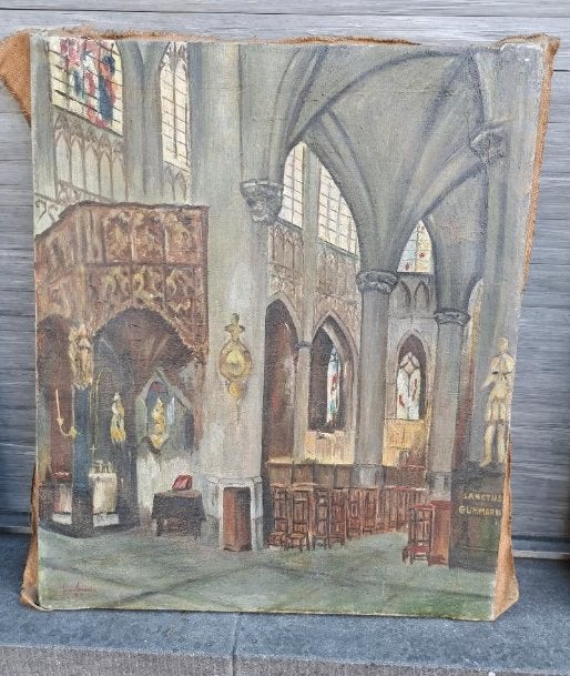 Huile sur toile interieur d eglise signe jean lecomte, Antiquités & Art, Art | Peinture | Classique, Enlèvement ou Envoi, Toile