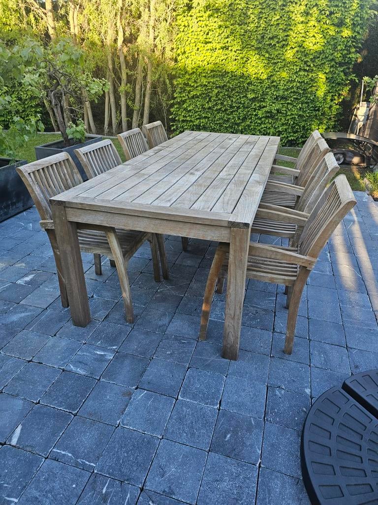 Tuintafel en 6 stoelen Teak. NIRVANA. 240 X 100, Tuin en Terras, Gebruikt, Hardhout, Meer dan 8 zitplaatsen, Ophalen of Verzenden
