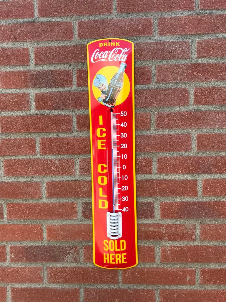 Coca Cola emaille reclame thermometer, Verzamelen, Ophalen of Verzenden, Zo goed als nieuw, Reclamebord