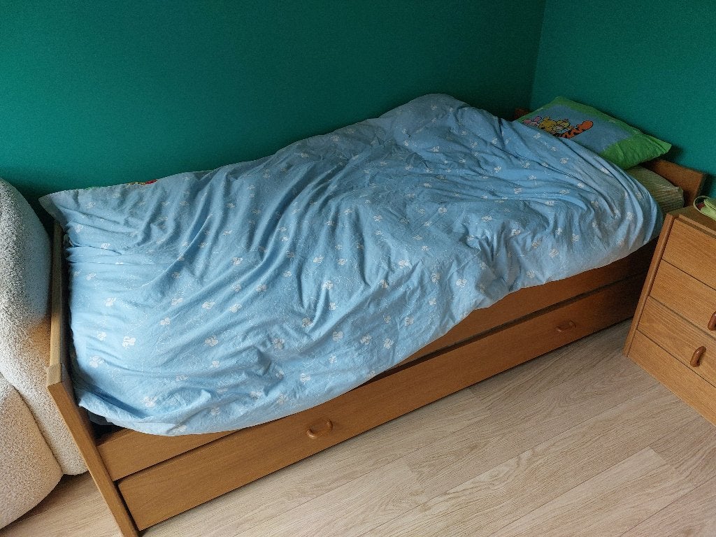 Bed met lade, Ophalen, Gebruikt, Eenpersoons, Bruin