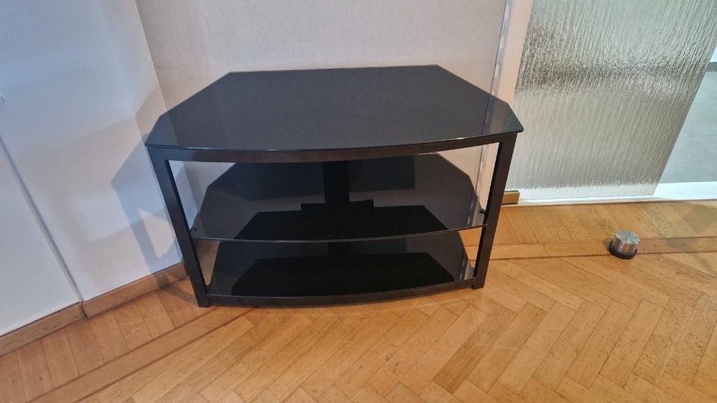meuble TV -chaîne hi-fi en métal noir trois étages en verre, 25 à 50 cm, Verre, Moins de 100 cm, Enlèvement