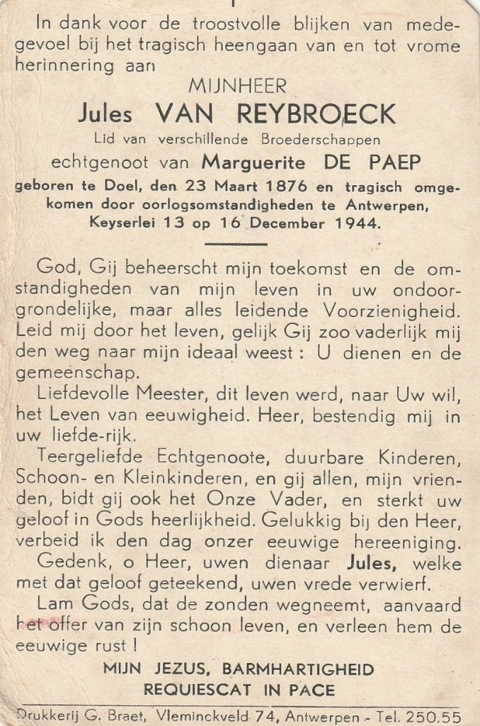 Oorlogsslachtoffer 1940-45 Jules Van Reybroeck Doel -  Rex, Ophalen of Verzenden