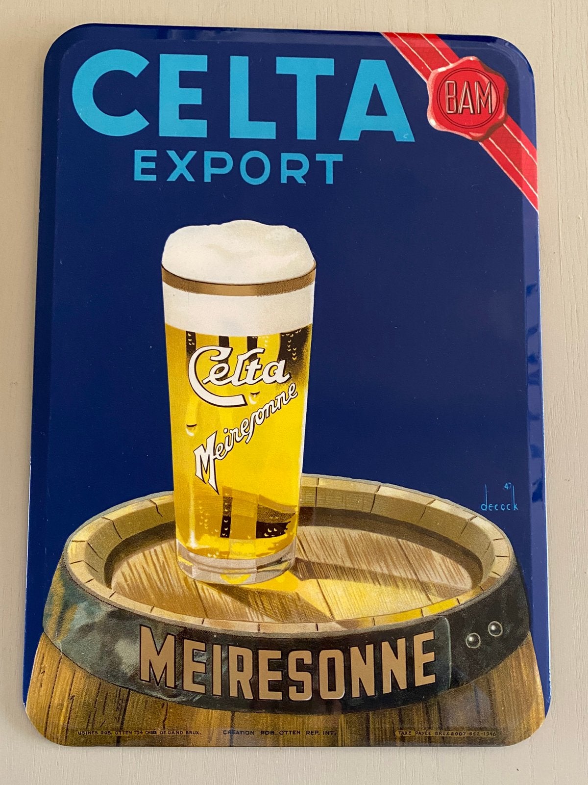 1948 reclamebordje CELTA EXPORT brouwerij MEIRESONNE te Gent, Enlèvement ou Envoi, Comme neuf, Panneau, Plaque ou Plaquette publicitaire