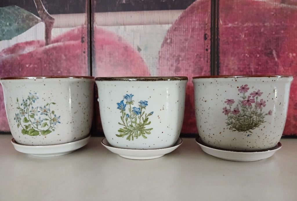 Vintage bloempotjes botanica porselein met schotel 3st, Tuin en Terras, Ophalen of Verzenden, Binnen