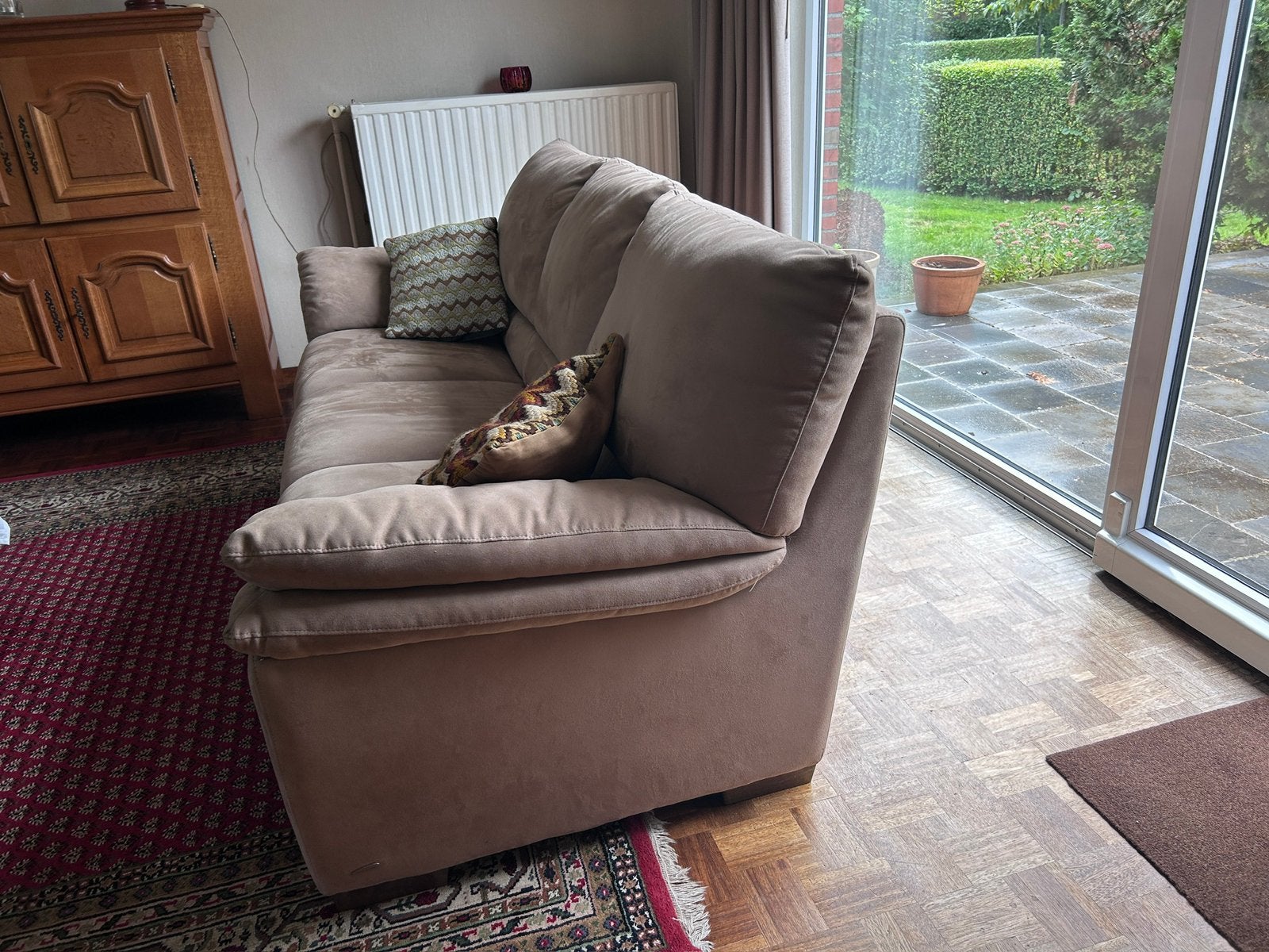 Salon (driezit) in beige stof, Trois personnes, Enlèvement, Utilisé, Tijdloos