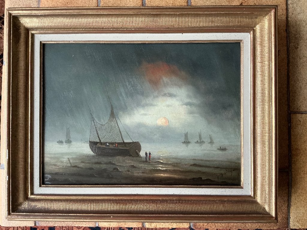 Très beau petit tableau représentant un paysage maritime, Antiquités & Art, Enlèvement ou Envoi, Signé, Peinture à l'huile, Panneau