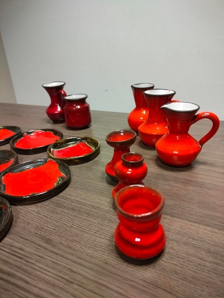 Vintage retro keramiek set rood/oranje – jaren 60/70 stijl, Ophalen