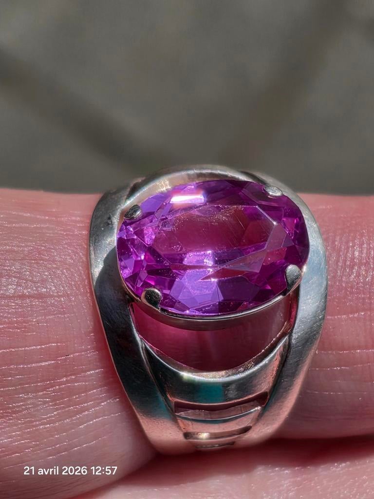 Magnifique bague en argent massif avec saphir rose, Comme neuf, Enlèvement, Argent, Argent