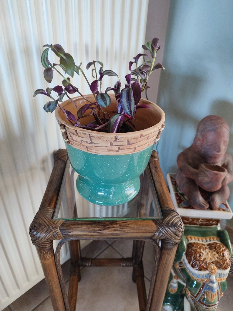 Bijzettafel, plantentafel, bamboe en rotan met glas, Huis en Inrichting, Tafels | Bijzettafels, Minder dan 55 cm, Vierkant, Ophalen of Verzenden