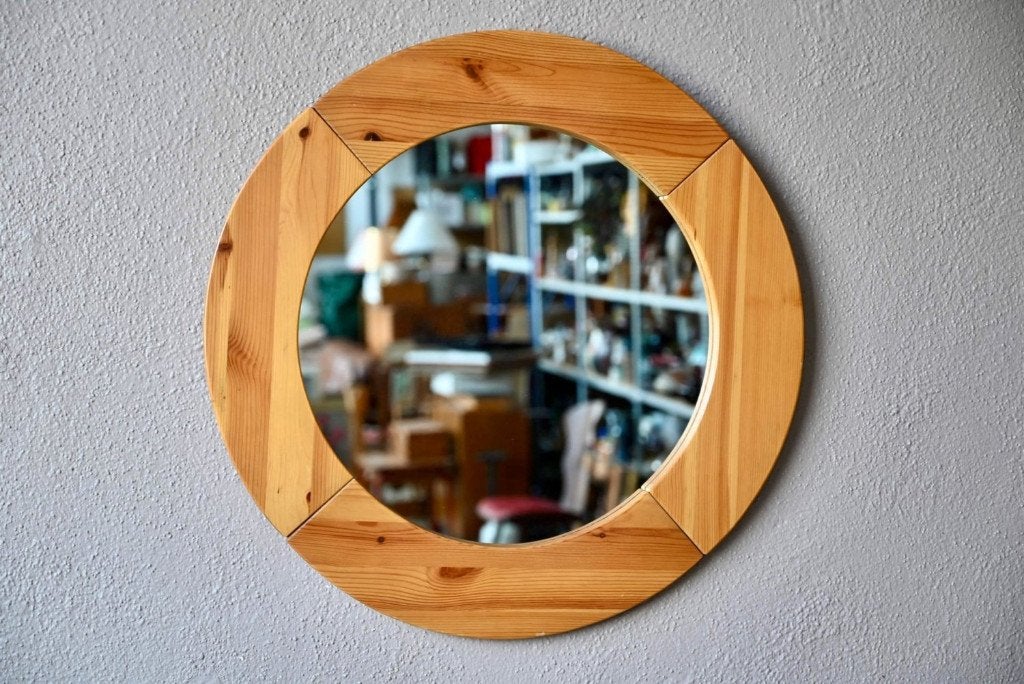 Miroir rond scandinave pin massif vintage, Maison & Meubles, Moins de 100 cm, Rond, Enlèvement, Utilisé