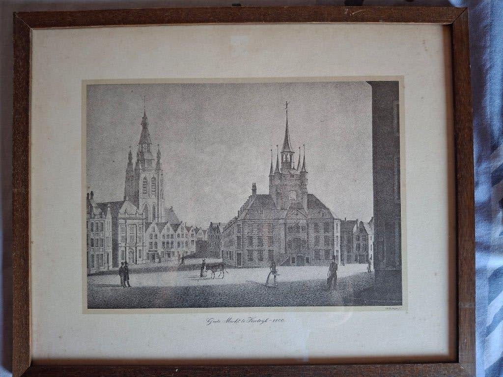 Tek. Grote Markt Kortrijk - 1800, Antiquités & Art, Enlèvement, Autres sujets, Lithographie