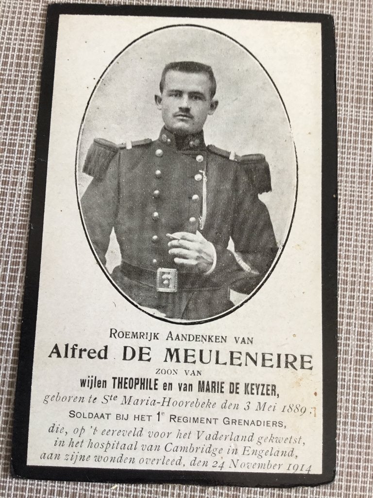 Soldat A.De Meuleneire St. Maria Horebeke tué en 1914, Collections, Enlèvement ou Envoi, Image pieuse