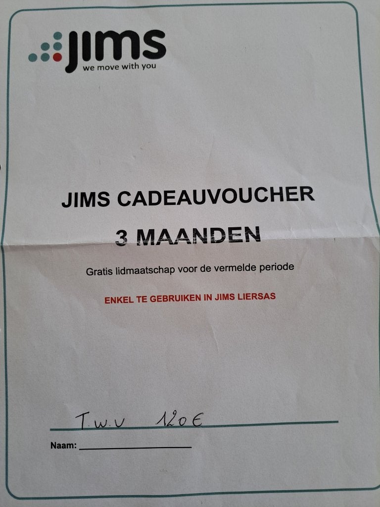 Jims fitness sport cadeaubon voucher Lier, Cadeaubon