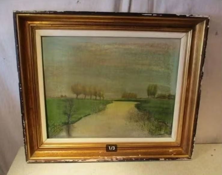 Belle œuvre peinte ancienne 'Rivière et campagne' - signée, Antiquités & Art, Enlèvement ou Envoi, Panneau, Paysage, Signé