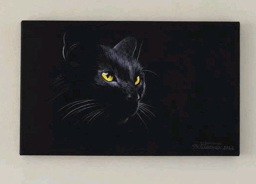 Schilderij zwarte kat met gele ogen, Antiek en Kunst, Ophalen