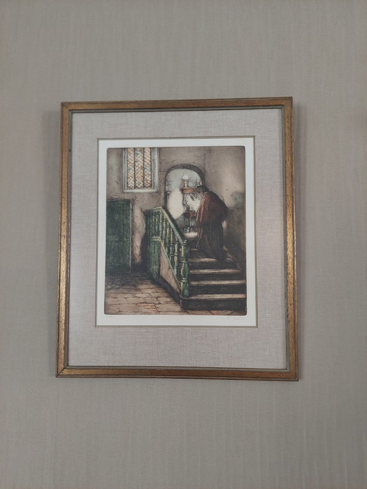 Dame op trapje" of "De trap naar de groene deur, Antiek en Kunst, Ophalen, 49 cm, 41 cm, Ets