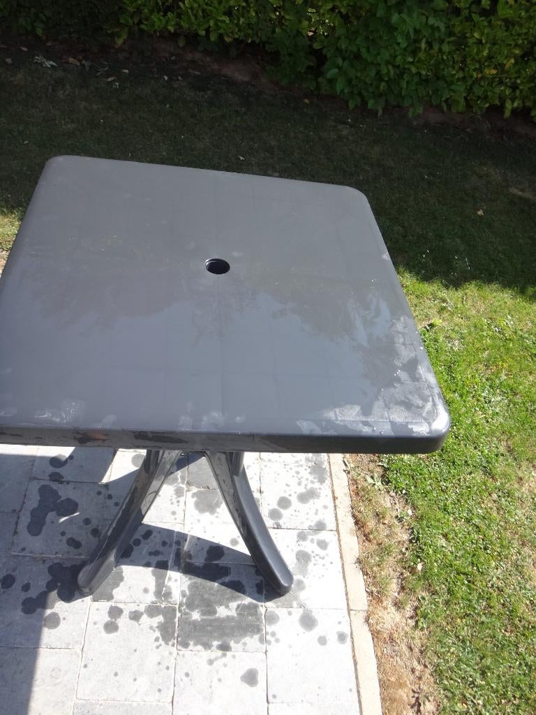 Tuintafels, stoelen, leren krukken, Tuin en Terras, Tuintafels, Gebruikt, Rechthoekig, Kunststof, Ophalen