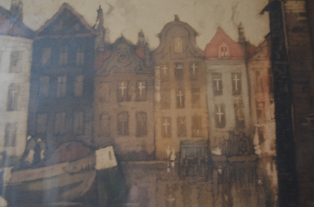 Grote kleurenets Grachtenpanden Brugge Julien v. Santen, Antiek en Kunst, Ophalen, Ets, Stadsgezicht, 76 cm