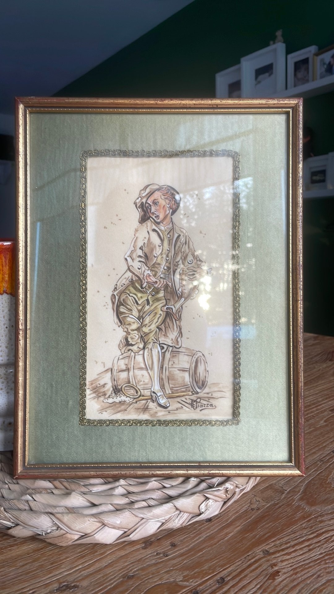 Vintage Aquarel / Tekening "Piazza" – jaren 60/70, Antiek en Kunst, Ophalen, Tekening, Aquarel, Ingelijst