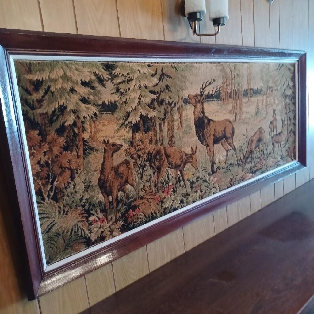 Vintage wandtapijt in houten kader, Antiek en Kunst, Curiosa en Brocante, Ophalen