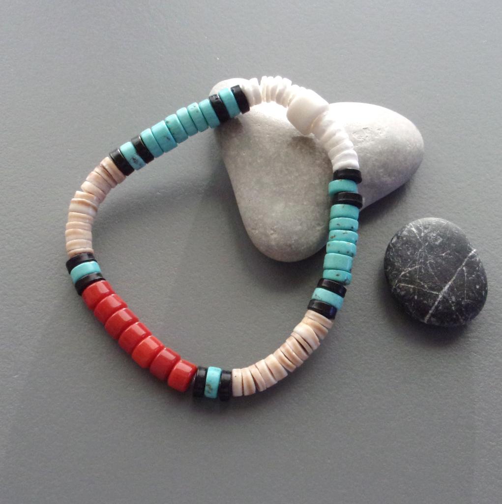 Bracelet amérindien homme ou femme turquoises corail Surfeur, Enlèvement ou Envoi, Avec pierre précieuse, Neuf, Rouge