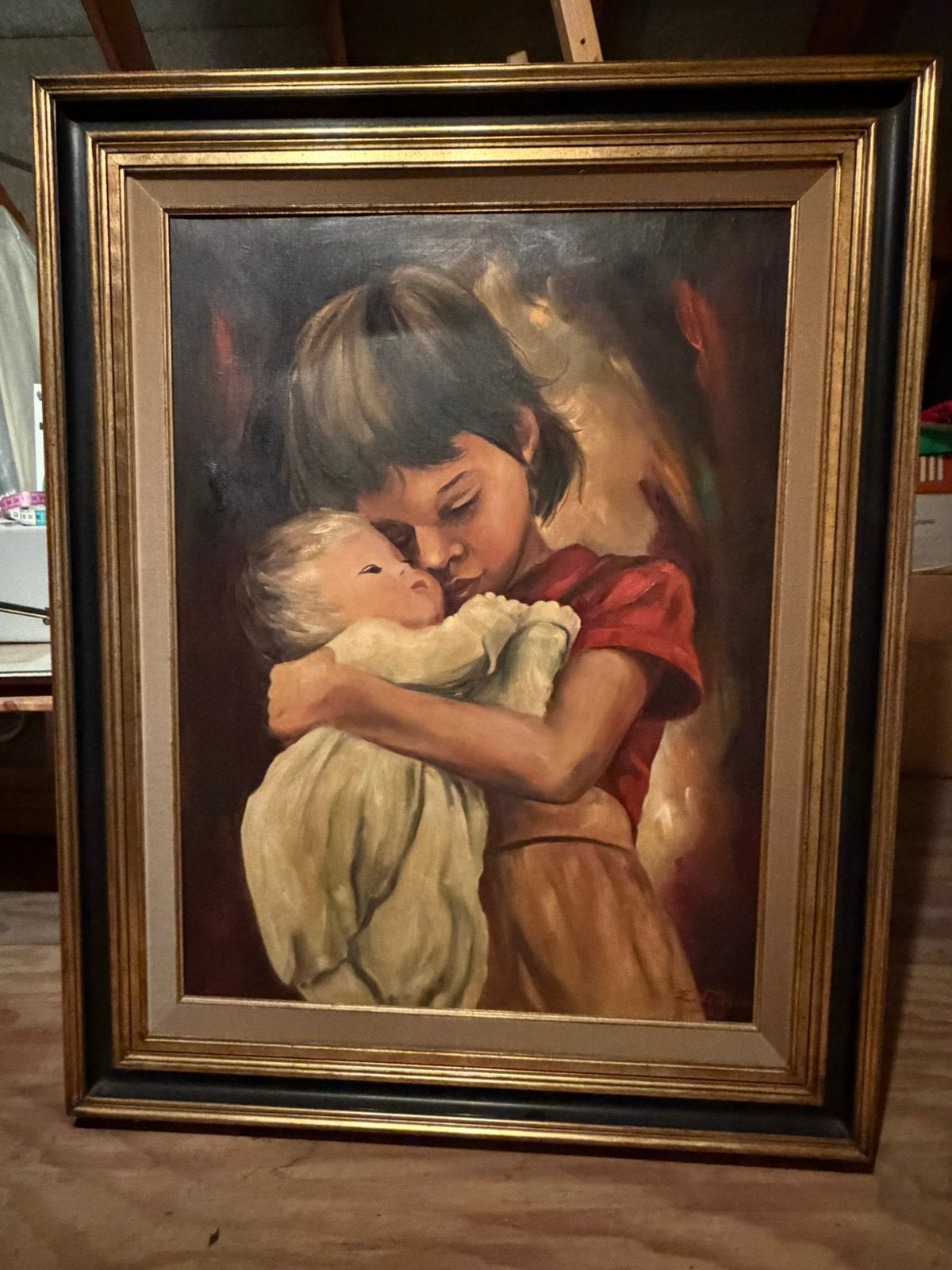 Schilderij meisje met baby, Antiquités & Art, Art | Peinture | Classique, Enlèvement