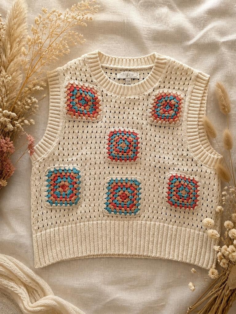 Granny square top – crème met roze/blauw – Maat 134, Bel&Bo, Nieuw, Shirt of Longsleeve, Verzenden