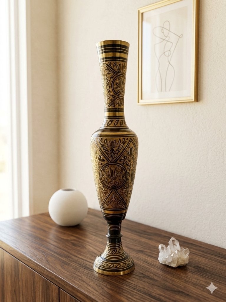 Vintage Messing Vloervaas – Goud & Zwart, Huis en Inrichting, Handgemaakt, 45 cm, Ophalen of Verzenden, Zo goed als nieuw