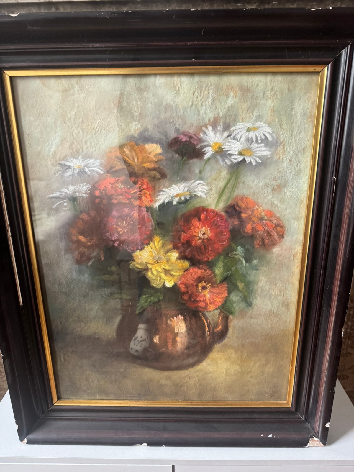 Tableau pastel nature morte, Antiquités & Art, Enlèvement ou Envoi, Sous verre, Pastel, Fleurs