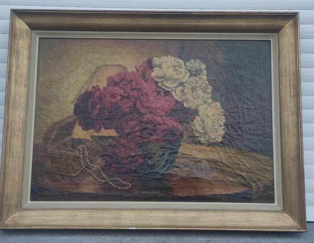 huile sur toile fleurs signe louis thysebaert, Antiek en Kunst, Kunst | Schilderijen | Klassiek, Ophalen of Verzenden