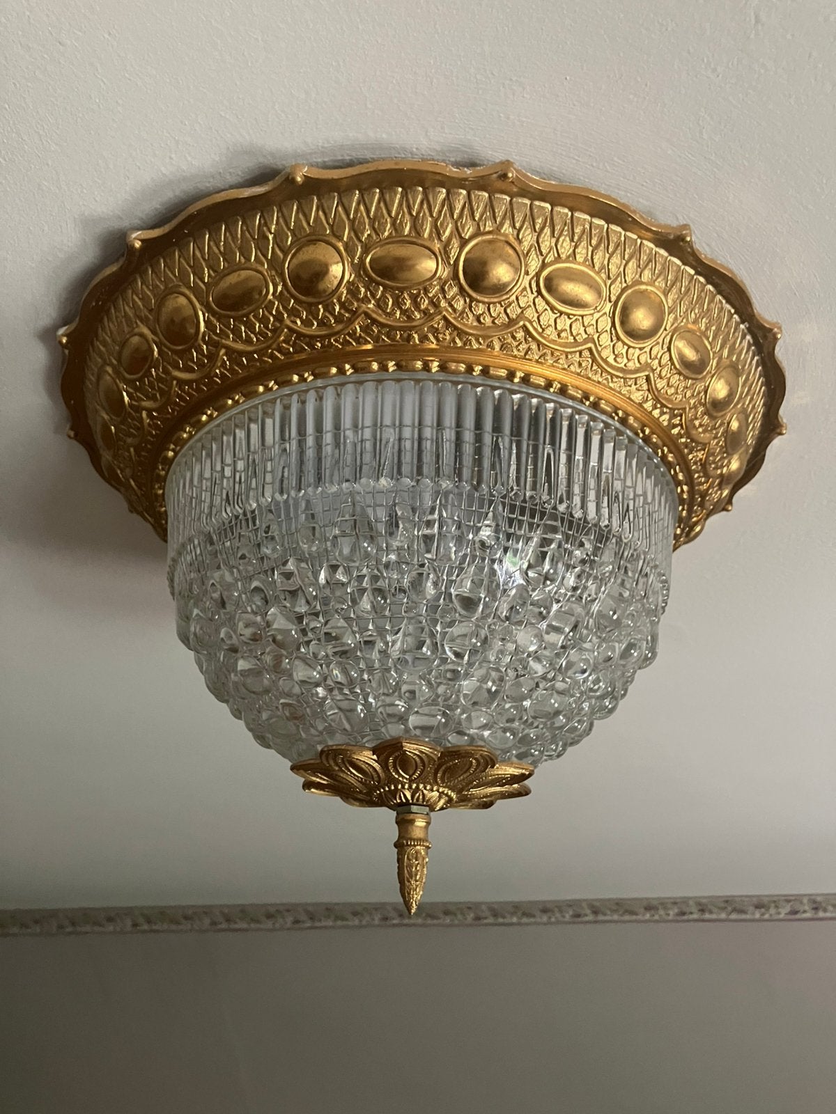 Vintage Plafonnière Messing & Kristalglas Hollywood Regency, Ophalen of Verzenden, Zo goed als nieuw, Glas